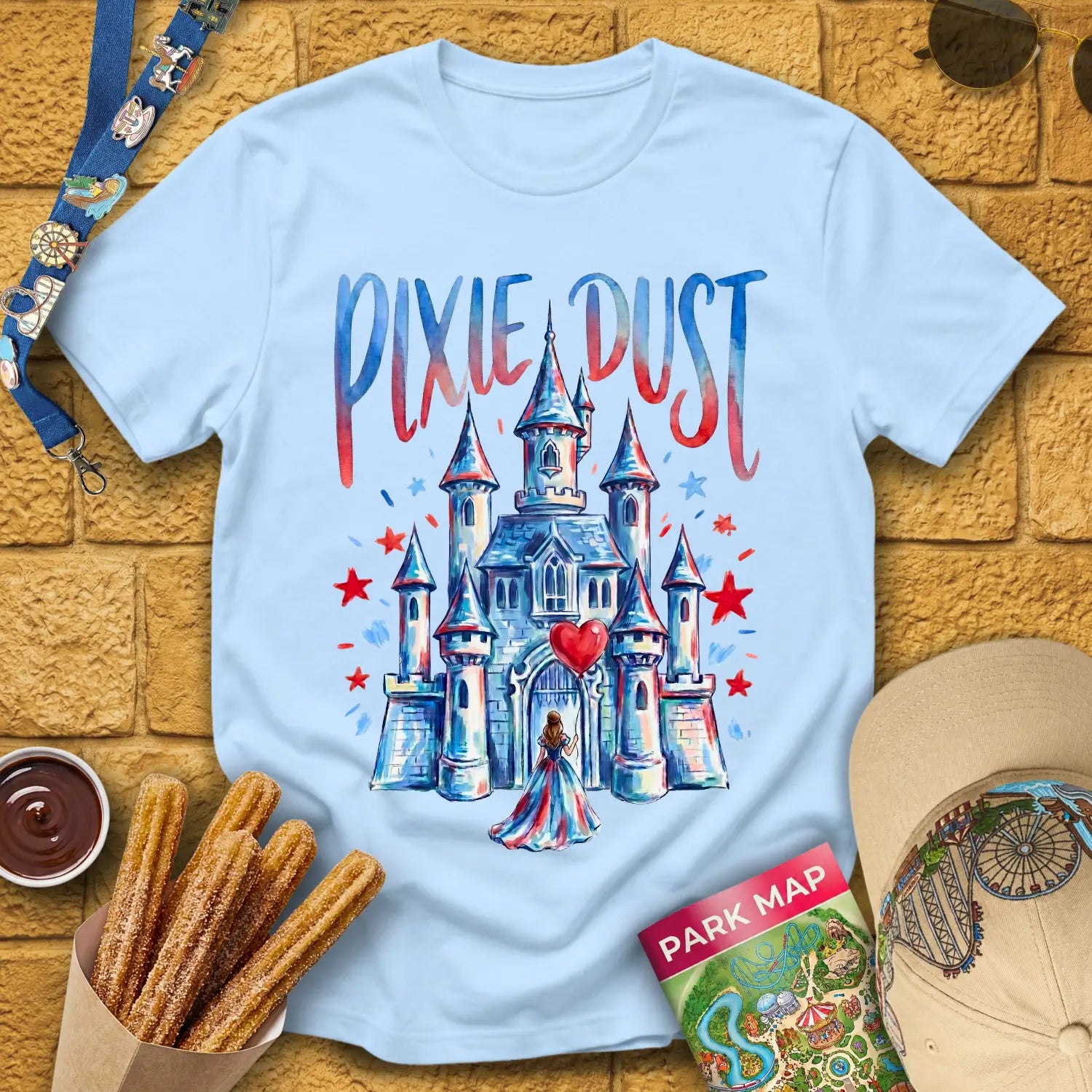 Pixie Dust Castle [Artsy] T-Shirt for Theme Park Fans (Light Blue)