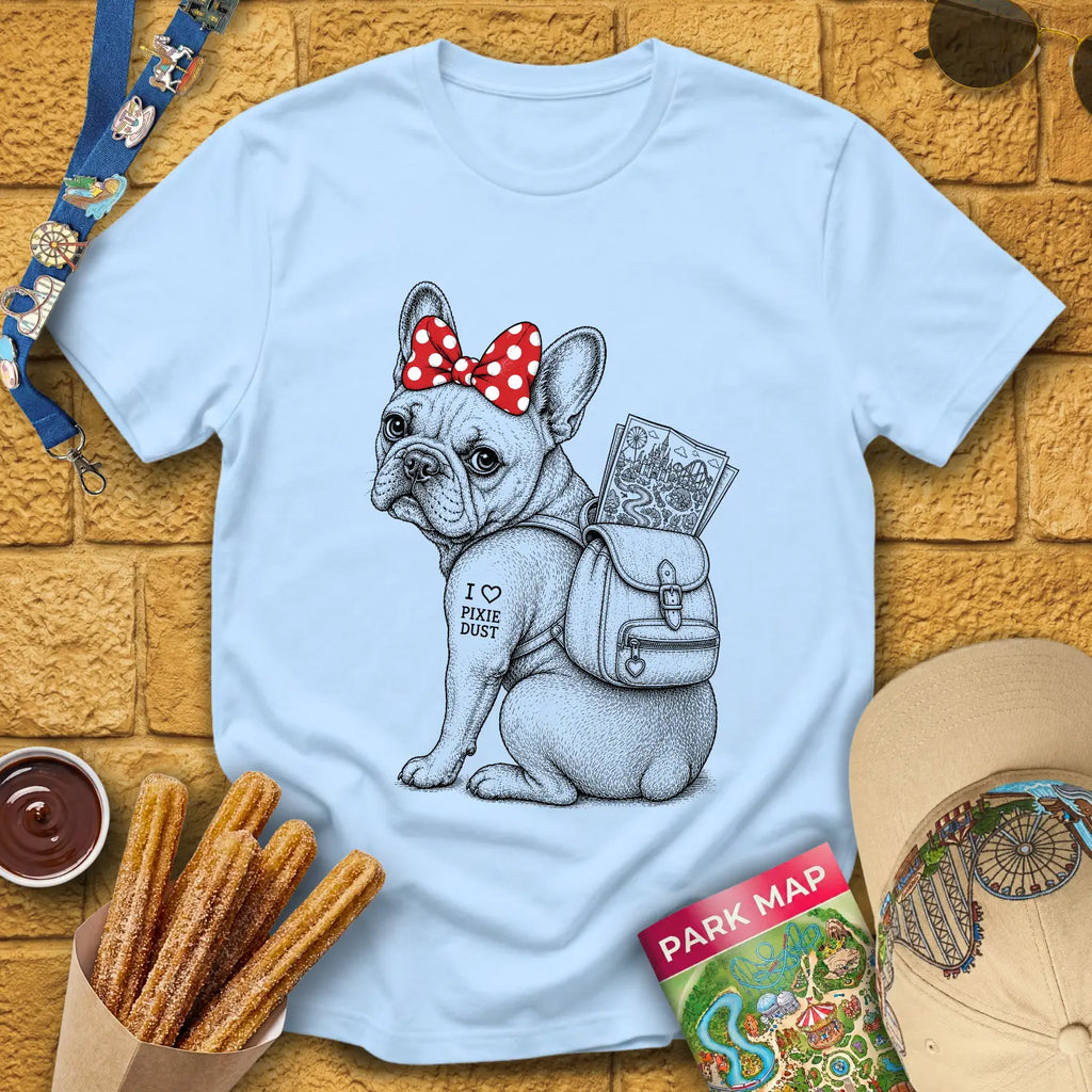 Pixie Dust Frenchie [Woodcut] T-Shirt for Theme Park Fans (Light Blue)