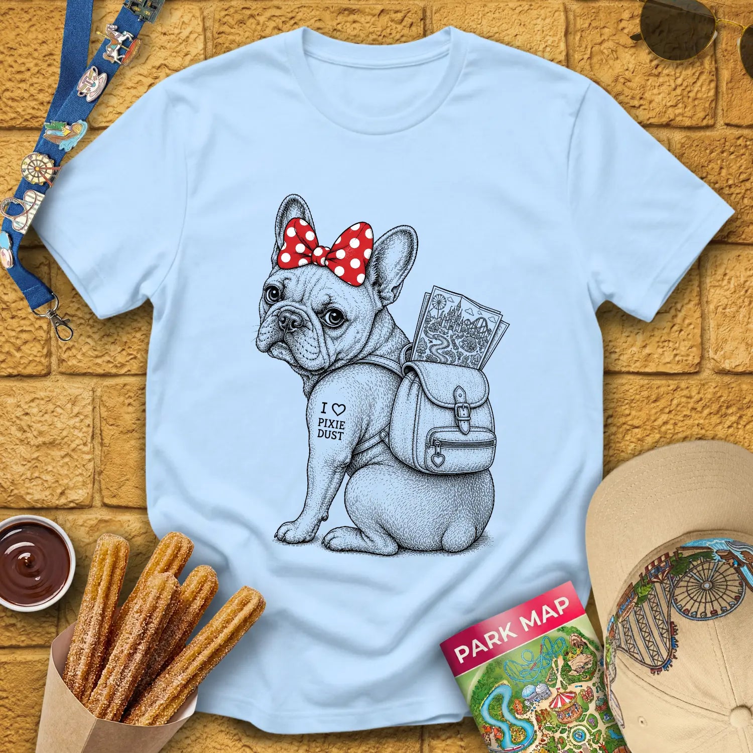 Pixie Dust Frenchie [Woodcut] T-Shirt for Theme Park Fans (Light Blue)