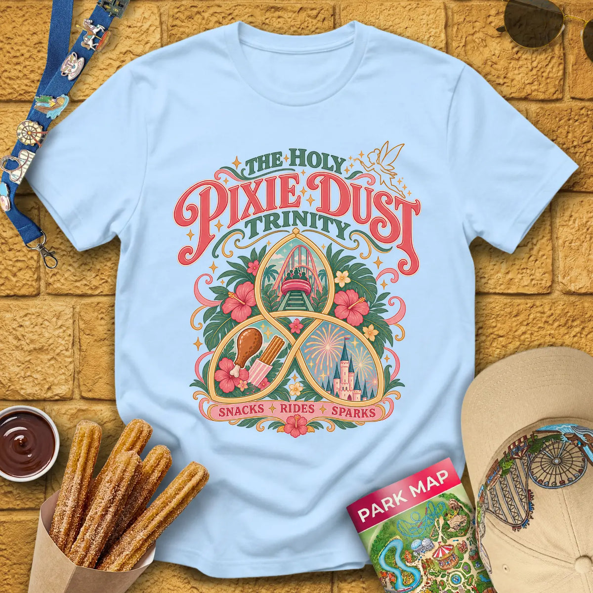 Pixie Dust Trinity [Artsy] T-Shirt for Theme Park Fans (Light Blue)