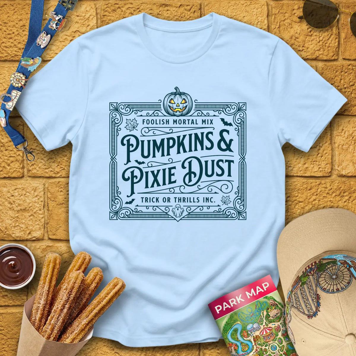 Pumpkins & Pixie Dust [Victorian] T-Shirt for Theme Park Fans (Light Blue)