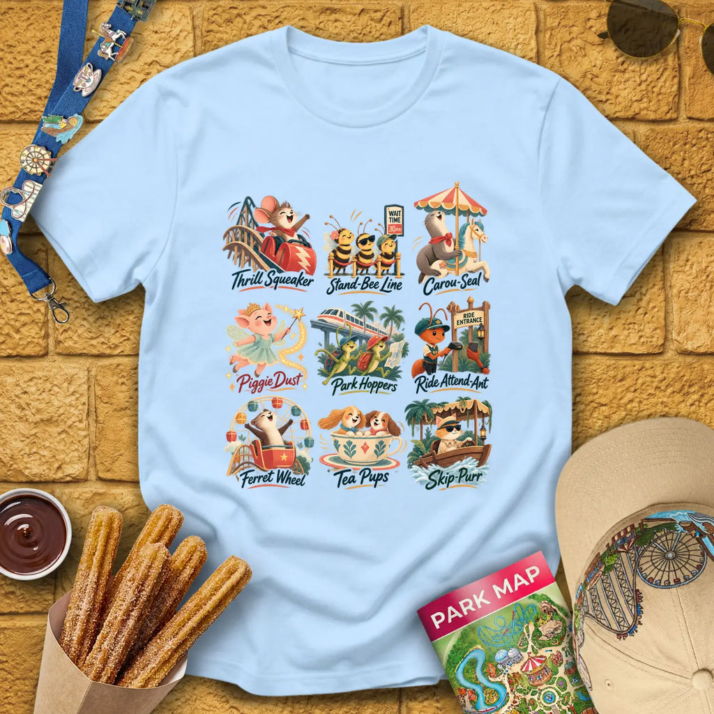 Theme Park Critters [Artsy] T-Shirt for Theme Park Fans (Light Blue)