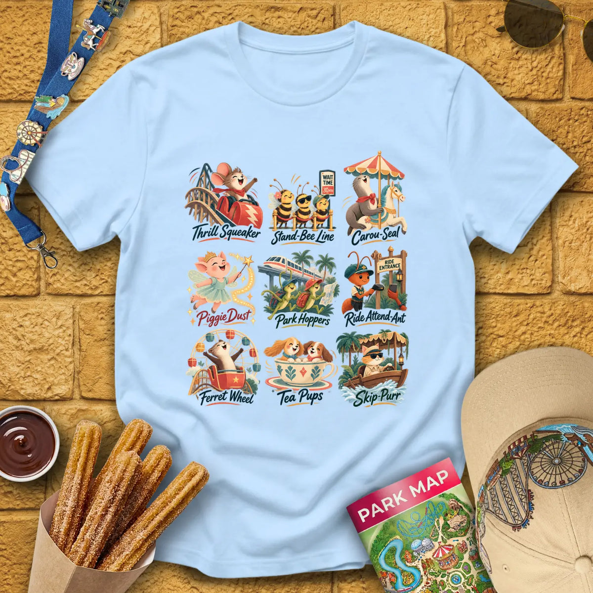 Theme Park Critters [Artsy] T-Shirt for Theme Park Fans (Light Blue)