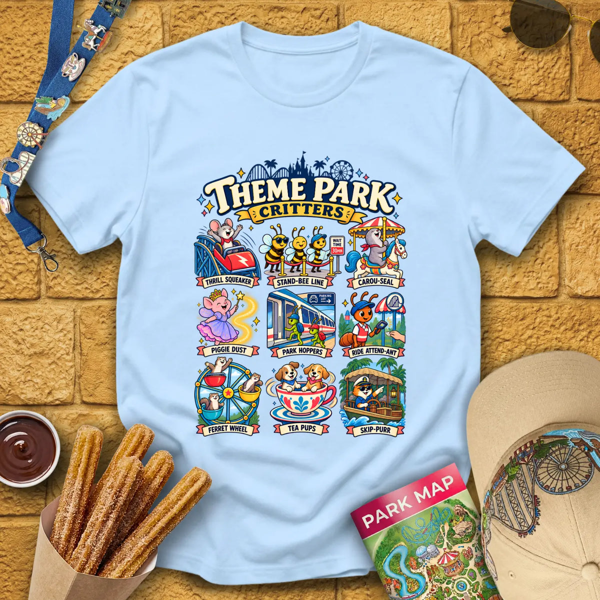 Theme Park Critters [Comic] T-Shirt for Theme Park Fans (Light Blue)