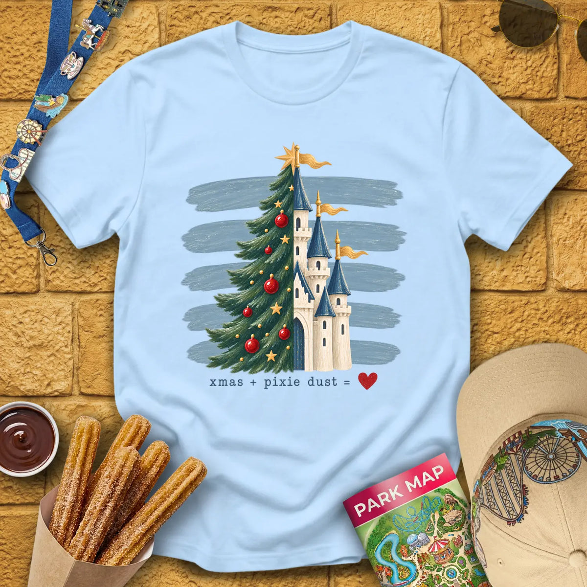 Tree & Castle [Rustic] T-Shirt for Theme Park Fans (Light Blue)