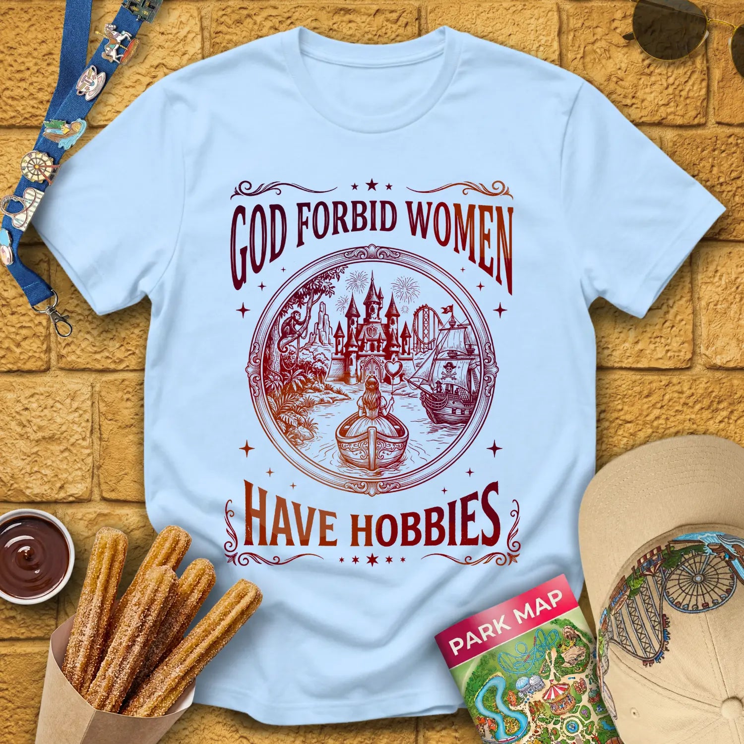 Women Hobbies [RetroArtsy] T-Shirt for Theme Park Fans (Light Blue)