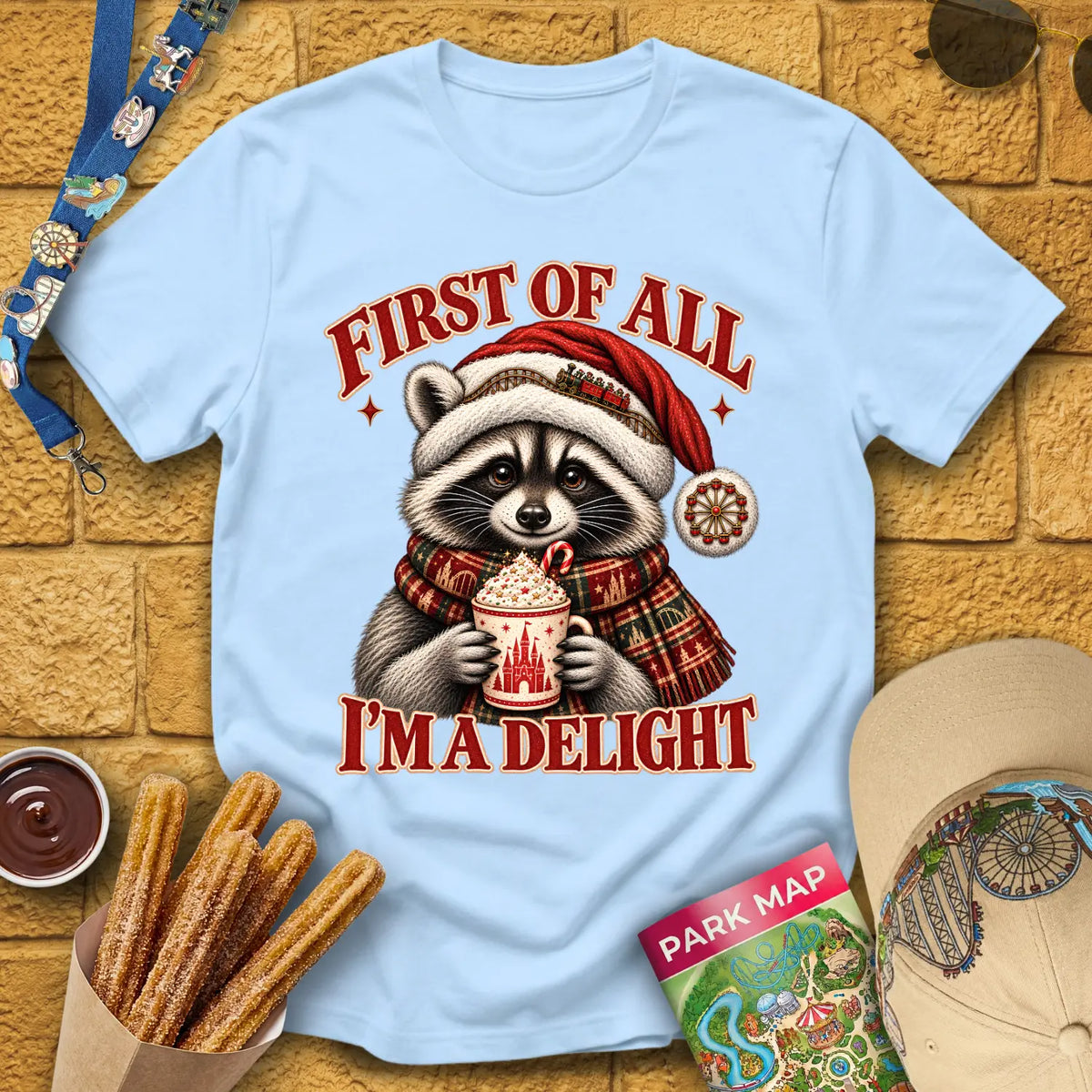 Xmas Raccoon [Etched] T-Shirt for Theme Park Fans (Light Blue)