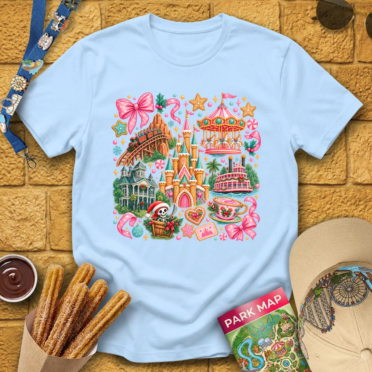 Xmas Theme Park [Cutesy] T-Shirt for Theme Park Fans (Light Blue)