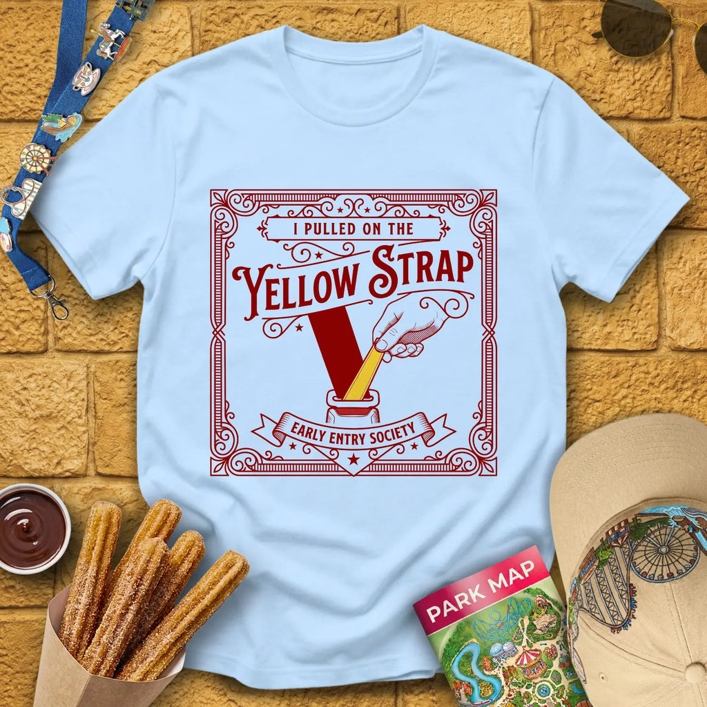 Yellow Strap [Victorian] T-Shirt for Theme Park Fans (Light Blue)