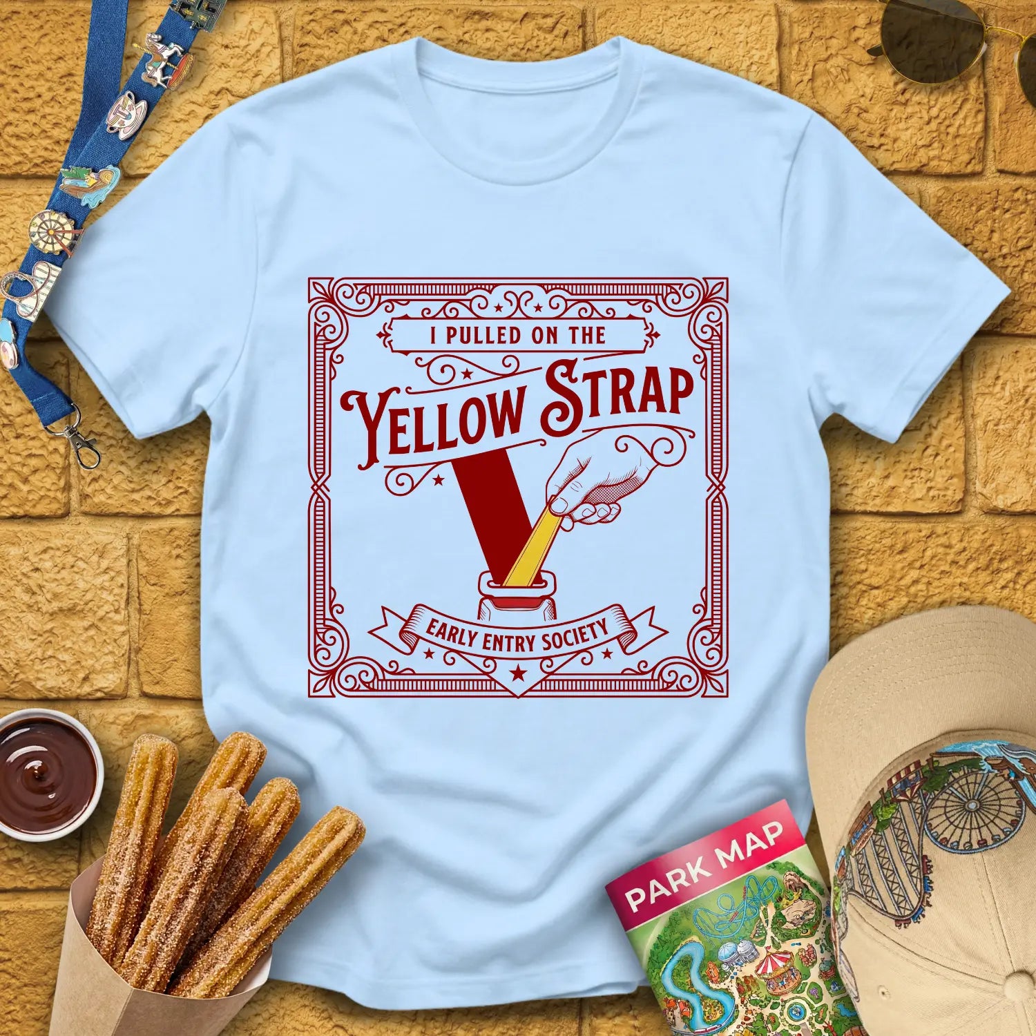 Yellow Strap [Victorian] T-Shirt for Theme Park Fans (Light Blue)