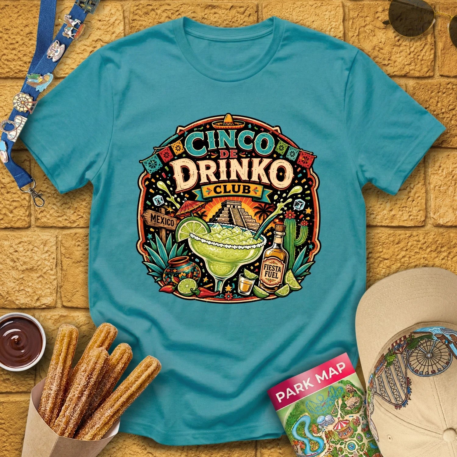Cinco De Drinko [BoldBadge] T-Shirt for Theme Park Fans (Heather Galapagos Blue)