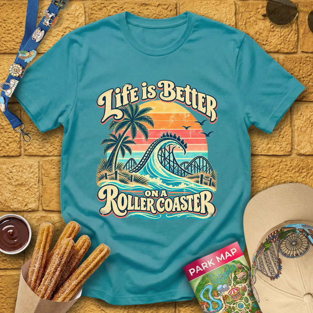 Life's Better On Coaster [Surfer] T-Shirt for Theme Park Fans (Heather Galapagos Blue)