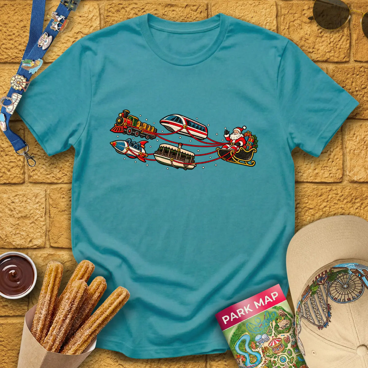Santa's Special Sleigh [Retro] T-Shirt for Theme Park Fans (Heather Galapagos Blue)