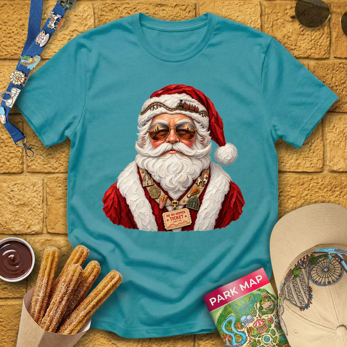 Theme Park Santa [Impasto] T-Shirt for Theme Park Fans (Heather Galapagos Blue)