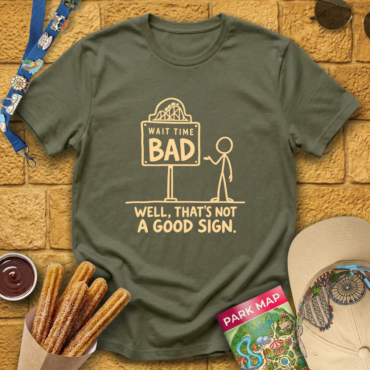 Bad Wait Time [Illu] T-Shirt for Theme Park Fans (Heather Military Green)