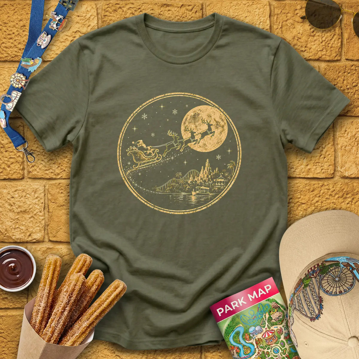 Christmas Park Flight [Badge] T-Shirt for Theme Park Fans (Heather Military Green)