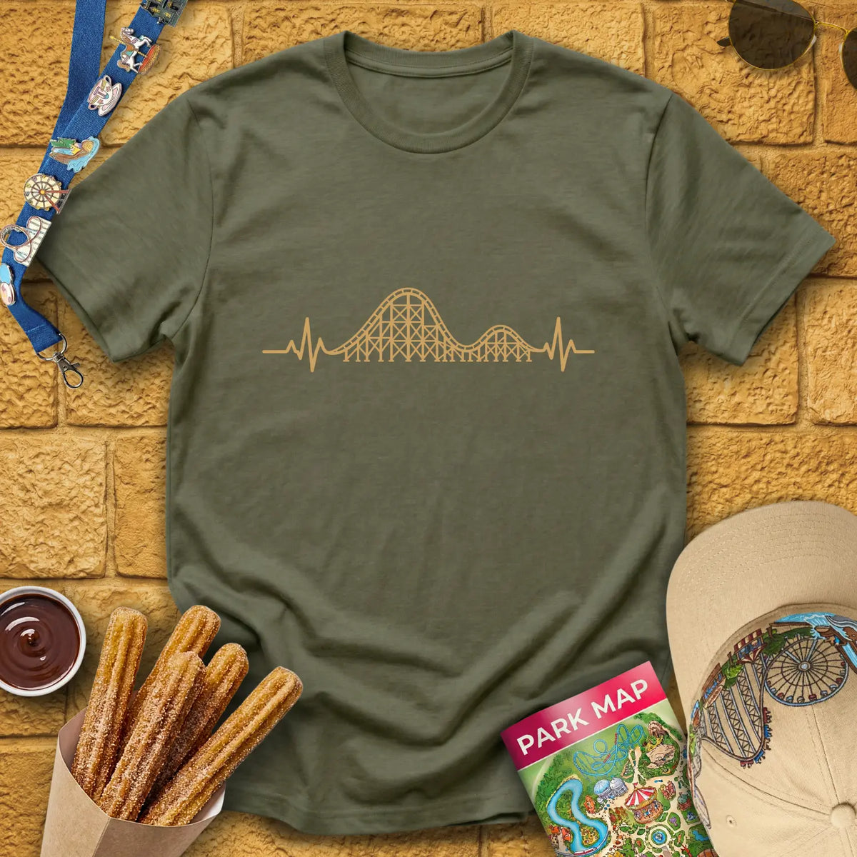 Coaster Heartbeat [Illu] T-Shirt for Theme Park Fans (Heather Military Green)