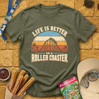Life's Better On Coaster [Sunset] T-Shirt for Theme Park Fans (Heather Military Green)