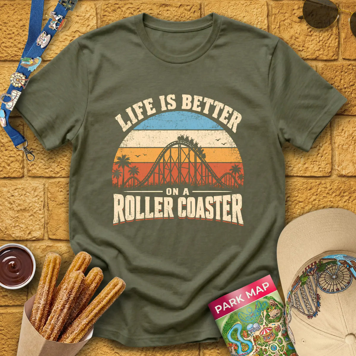 Life's Better On Coaster [Sunset] T-Shirt for Theme Park Fans (Heather Military Green)