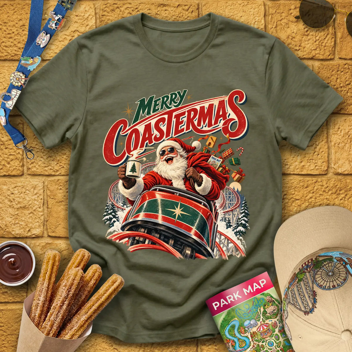 Merry Coastermas [50s] T-Shirt for Theme Park Fans (Heather Military Green)
