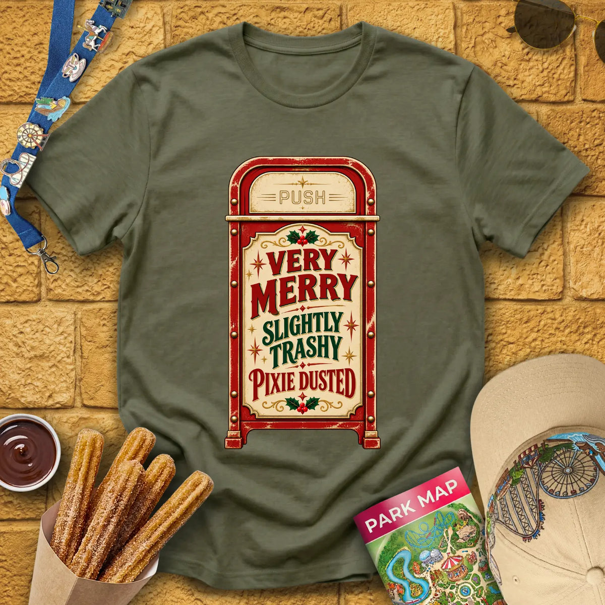 Merry & Trashy [Retro] T-Shirt for Theme Park Fans (Heather Military Green)