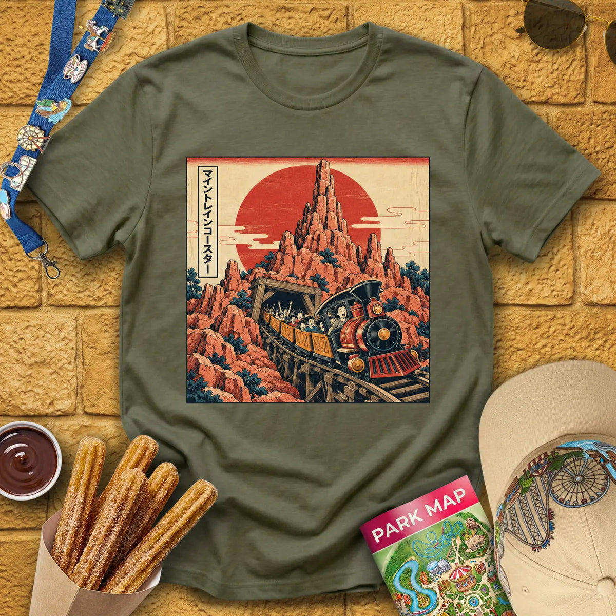 Mine Train [Japanese] T-Shirt for Theme Park Fans (Heather Military Green)