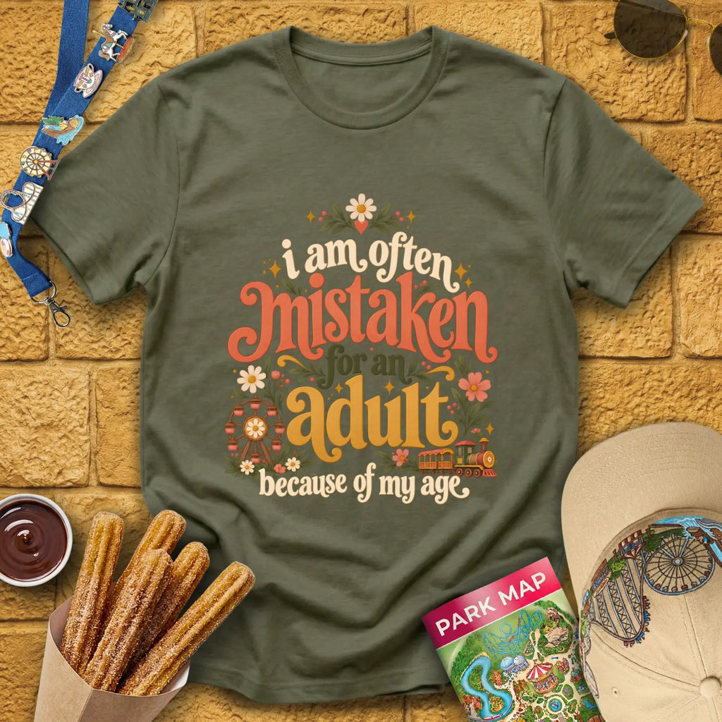 Mistaken For Adult [Boho] T-Shirt for Theme Park Fans (Heather Military Green)