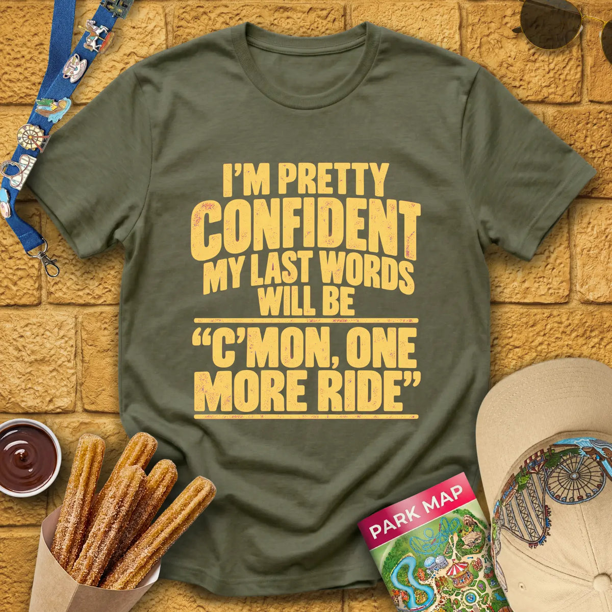One More Ride [Bold] T-Shirt for Theme Park Fans (Heather Military Green)