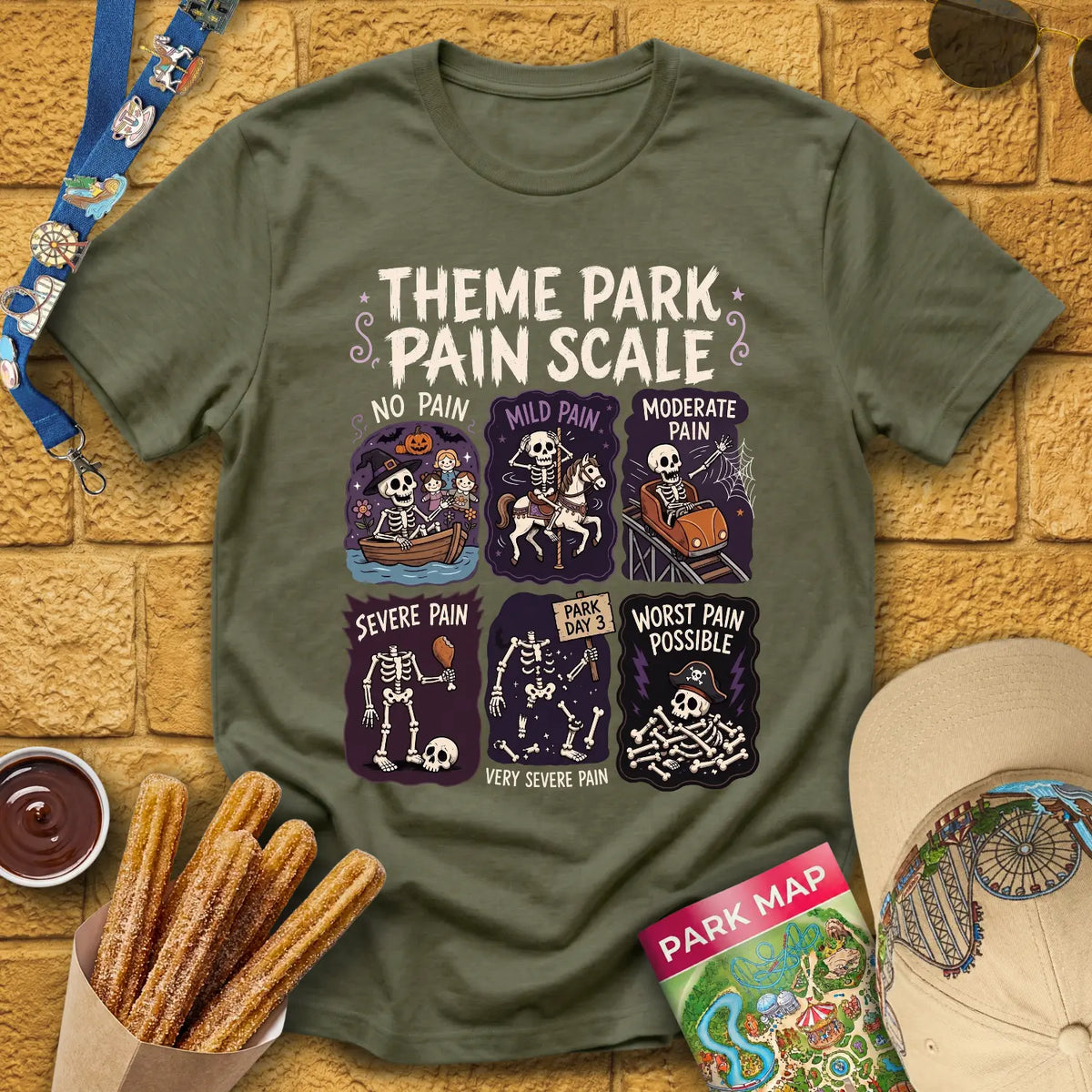 Park Pain Scale [Comic] T-Shirt for Theme Park Fans (Heather Military Green)