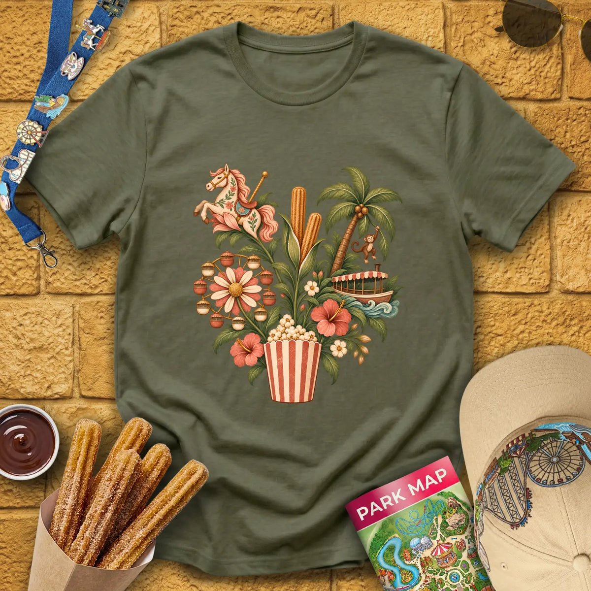 Popcorn Park Plant [Boho] T-Shirt for Theme Park Fans (Heather Military Green)