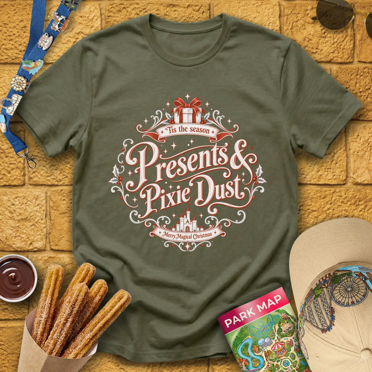 Presents & Pixie Dust [VictorianDiamond] T-Shirt for Theme Park Fans (Heather Military Green)
