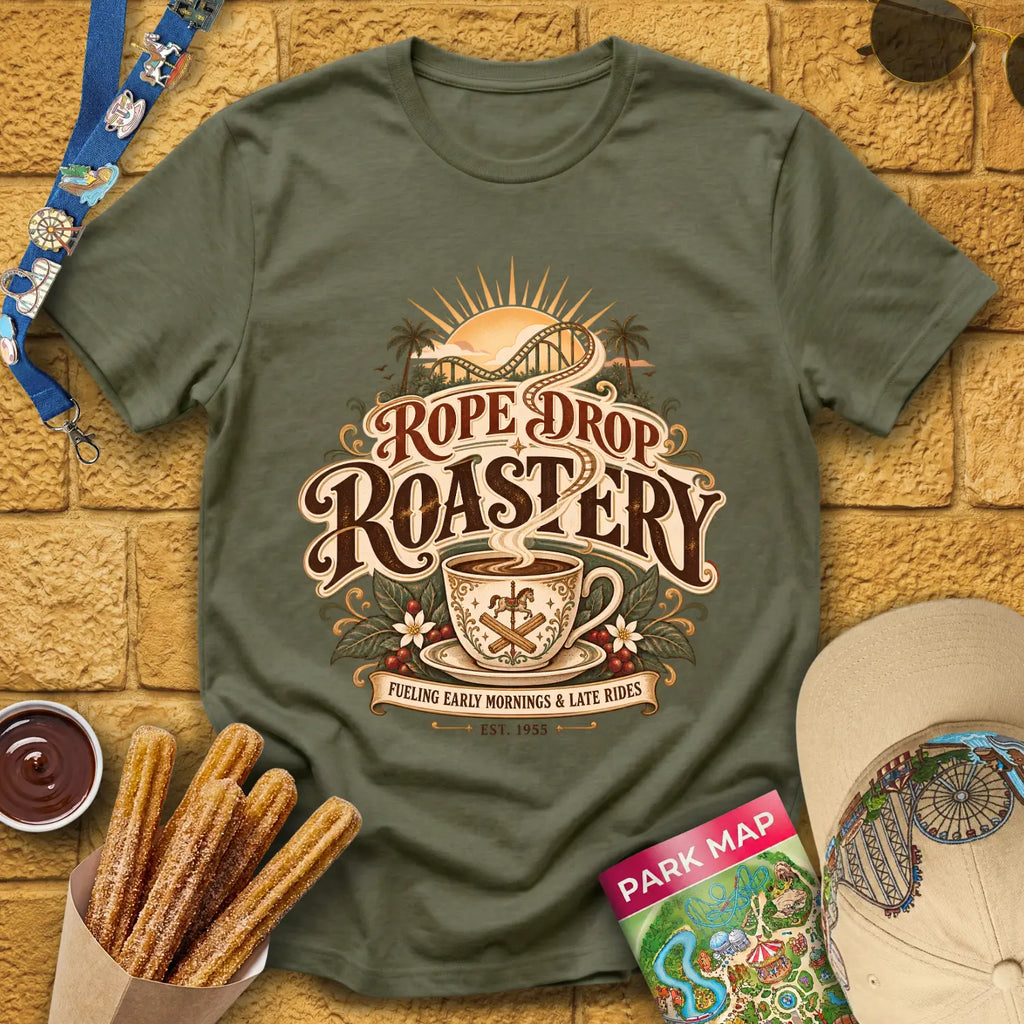 Rope Drop Roastery [Vintage] T-Shirt for Theme Park Fans (Heather Military Green)