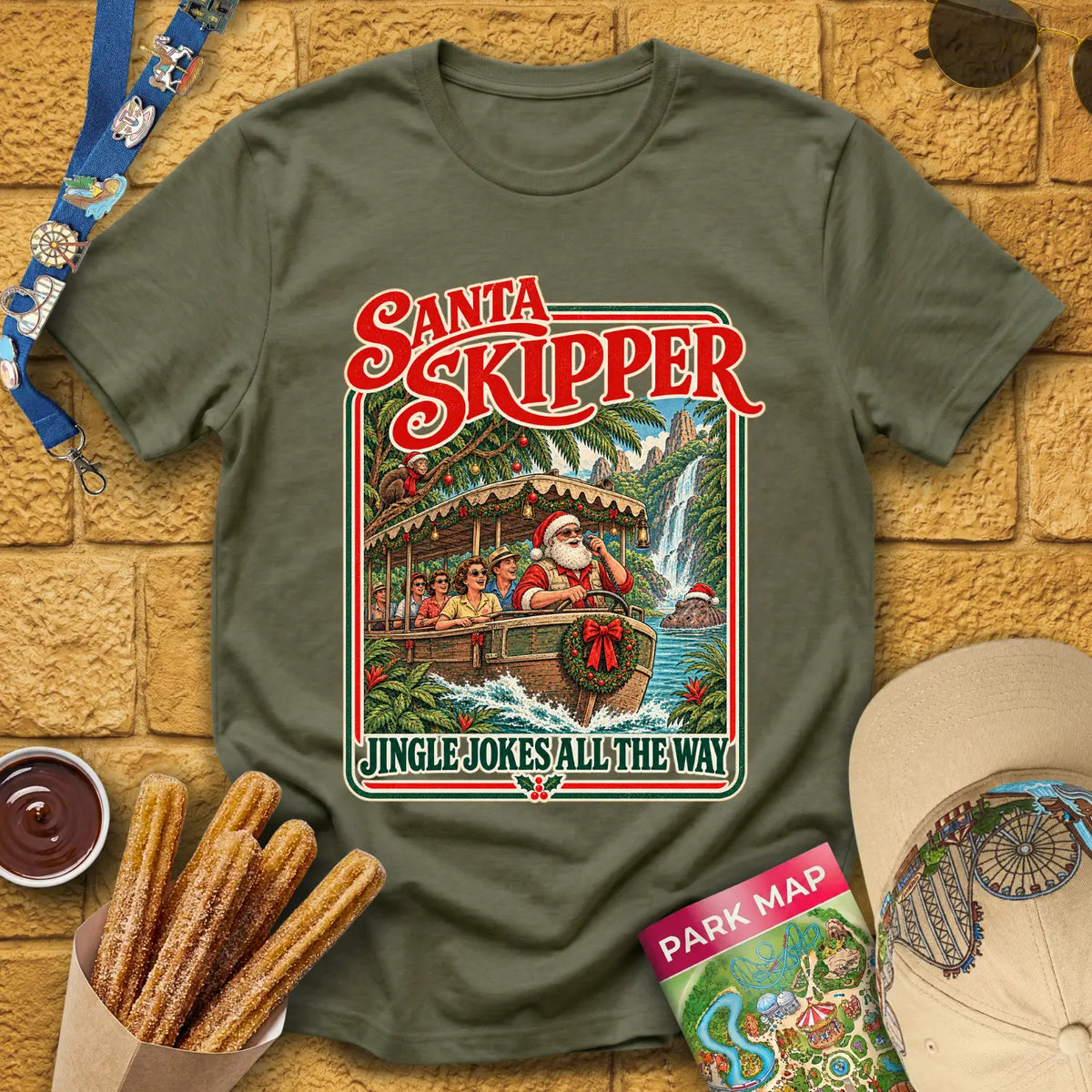 Santa Skipper [Poster] T-Shirt for Theme Park Fans (Heather Military Green)
