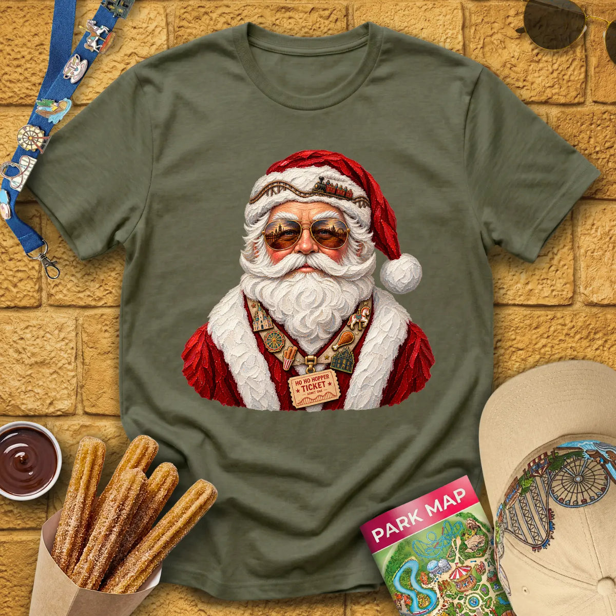 Theme Park Santa [Impasto] T-Shirt for Theme Park Fans (Heather Military Green)