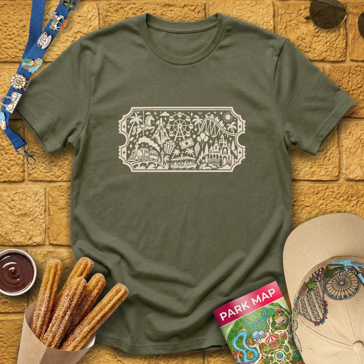 Theme Park Ticket [Doodle] T-Shirt for Theme Park Fans (Heather Military Green)