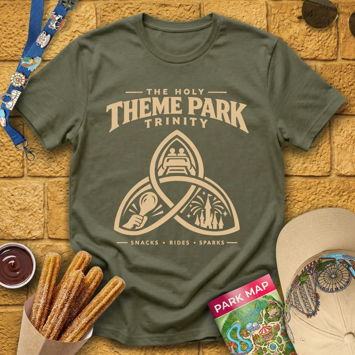 Theme Park Trinity [Sleek] T-Shirt for Theme Park Fans (Heather Military Green)