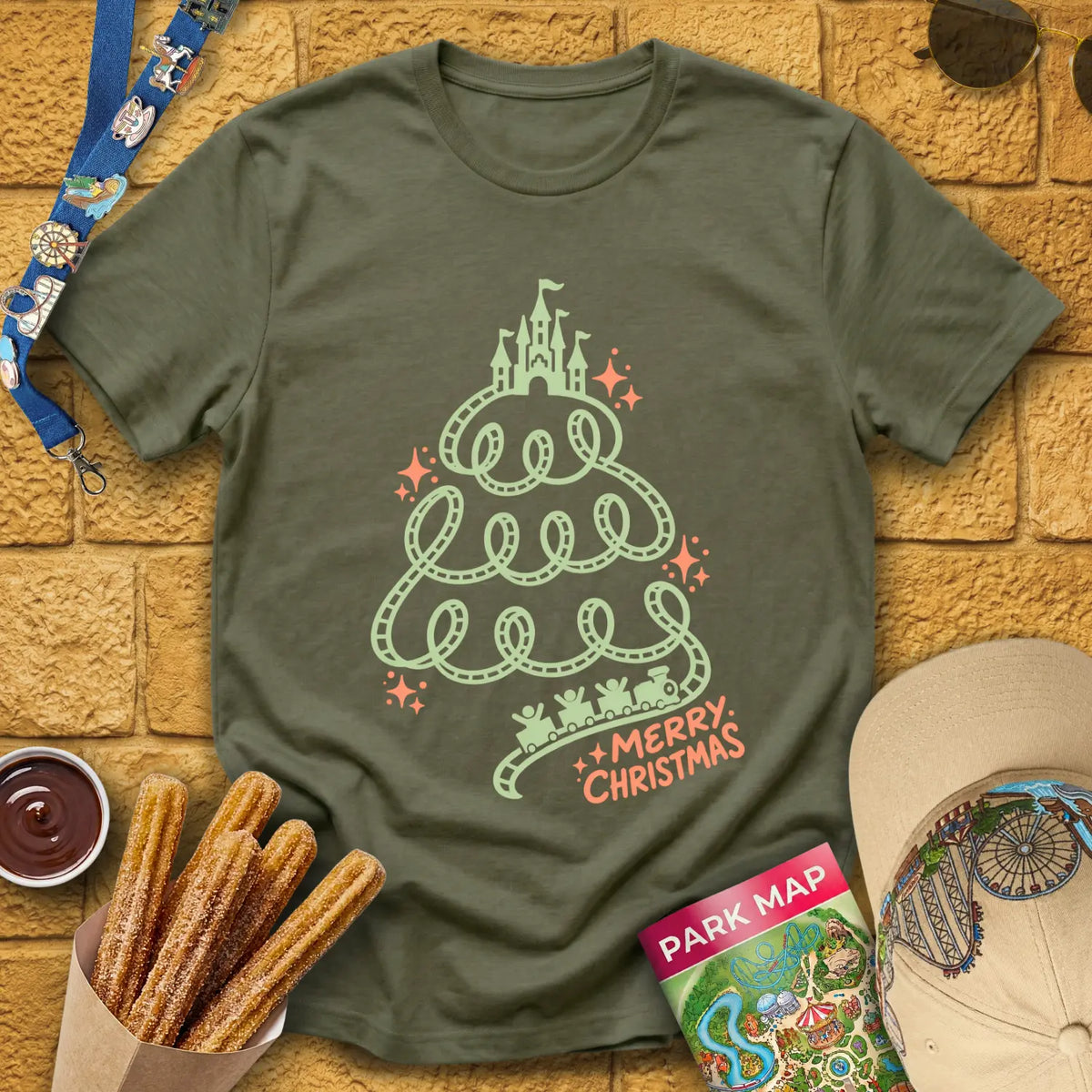 Xmas Train Tree [Monoline] T-Shirt for Theme Park Fans (Heather Military Green)