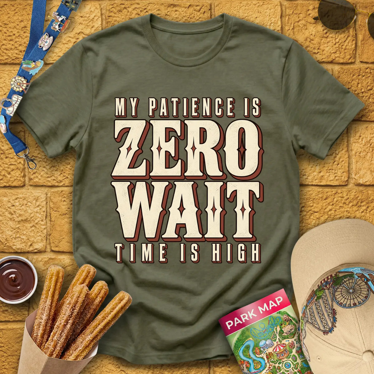 Zero Wait [MidCen] T-Shirt for Theme Park Fans (Heather Military Green)