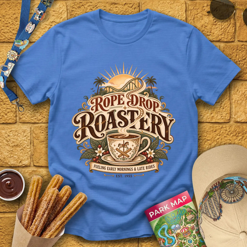 Rope Drop Roastery [Vintage] T-Shirt for Theme Park Fans (Heather Royal)