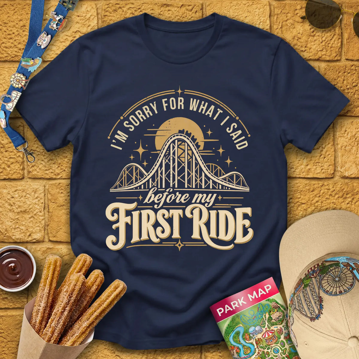 Before First Ride [MidCen] T-Shirt for Theme Park Fans (Navy)