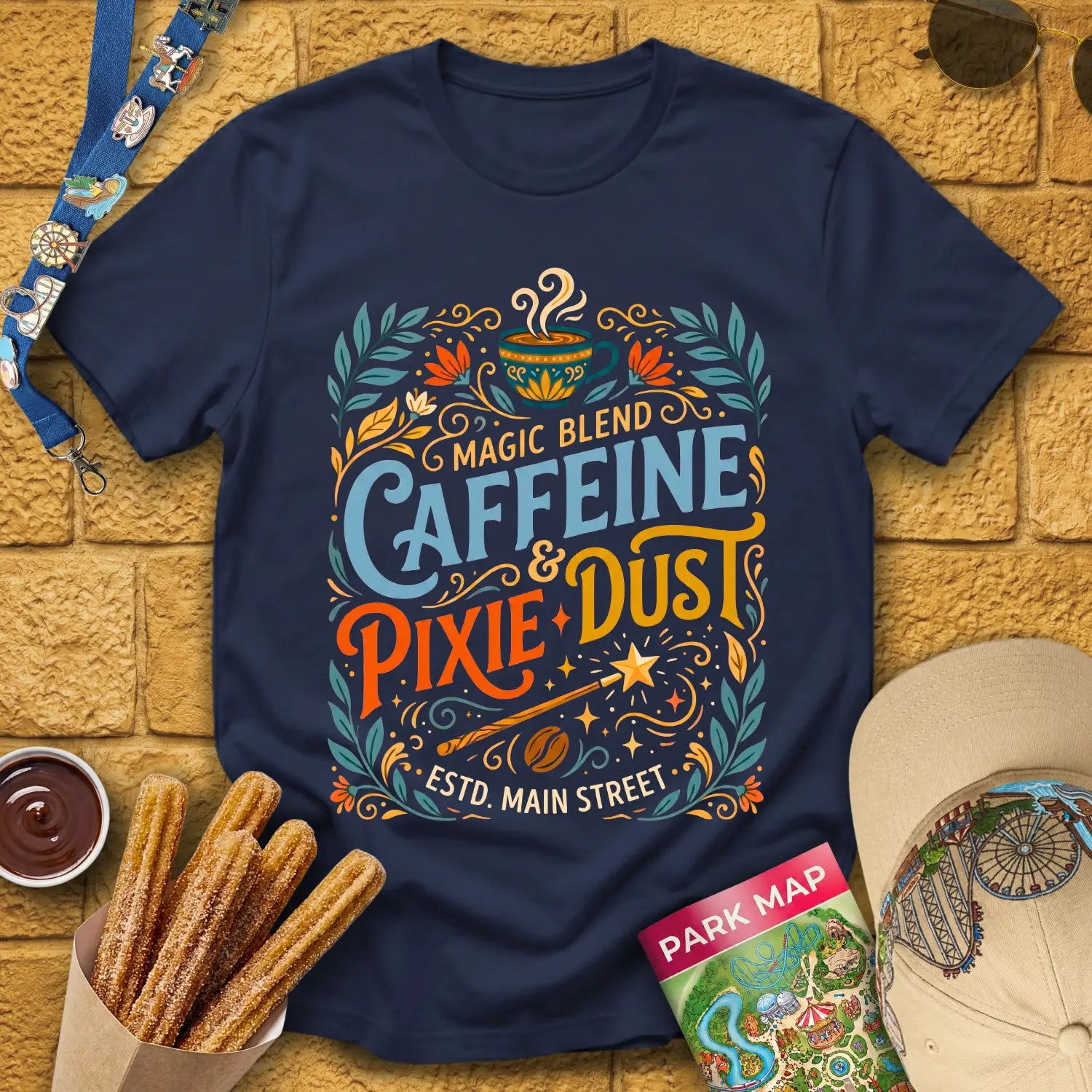Caffeine & Pixie Dust [RetroBoho1] T-Shirt for Theme Park Fans (Navy)