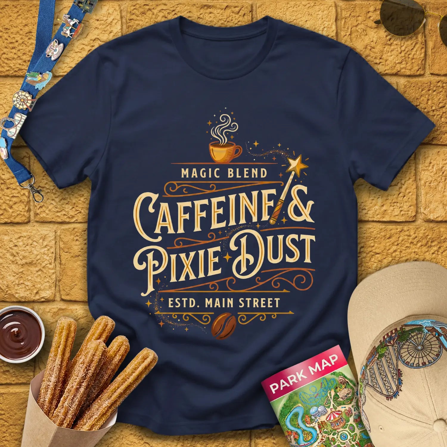 Caffeine & Pixie Dust [VictorianOval] T-Shirt for Theme Park Fans (Navy)