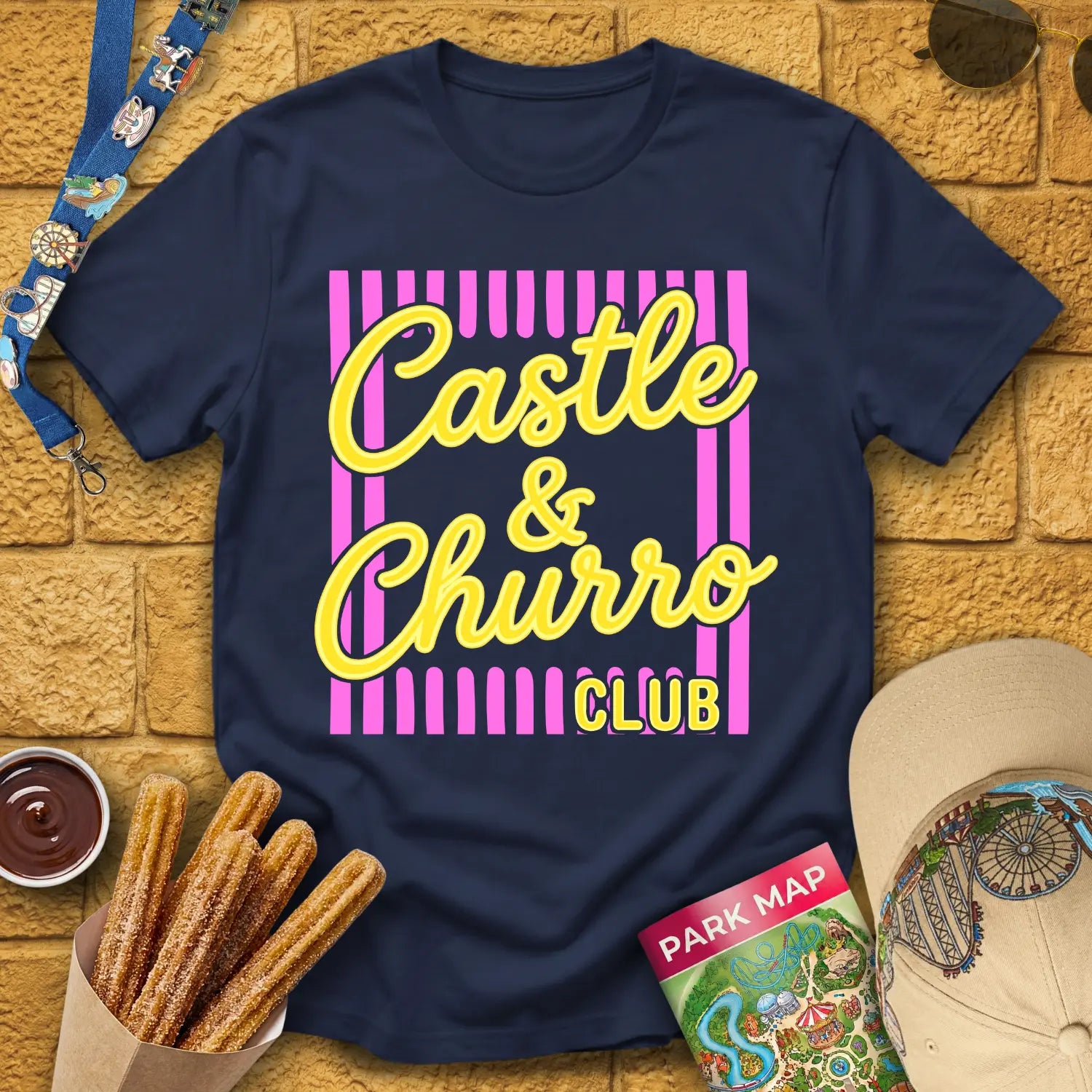 Castle & Churro Club [Chic] T-Shirt for Theme Park Fans (Navy)