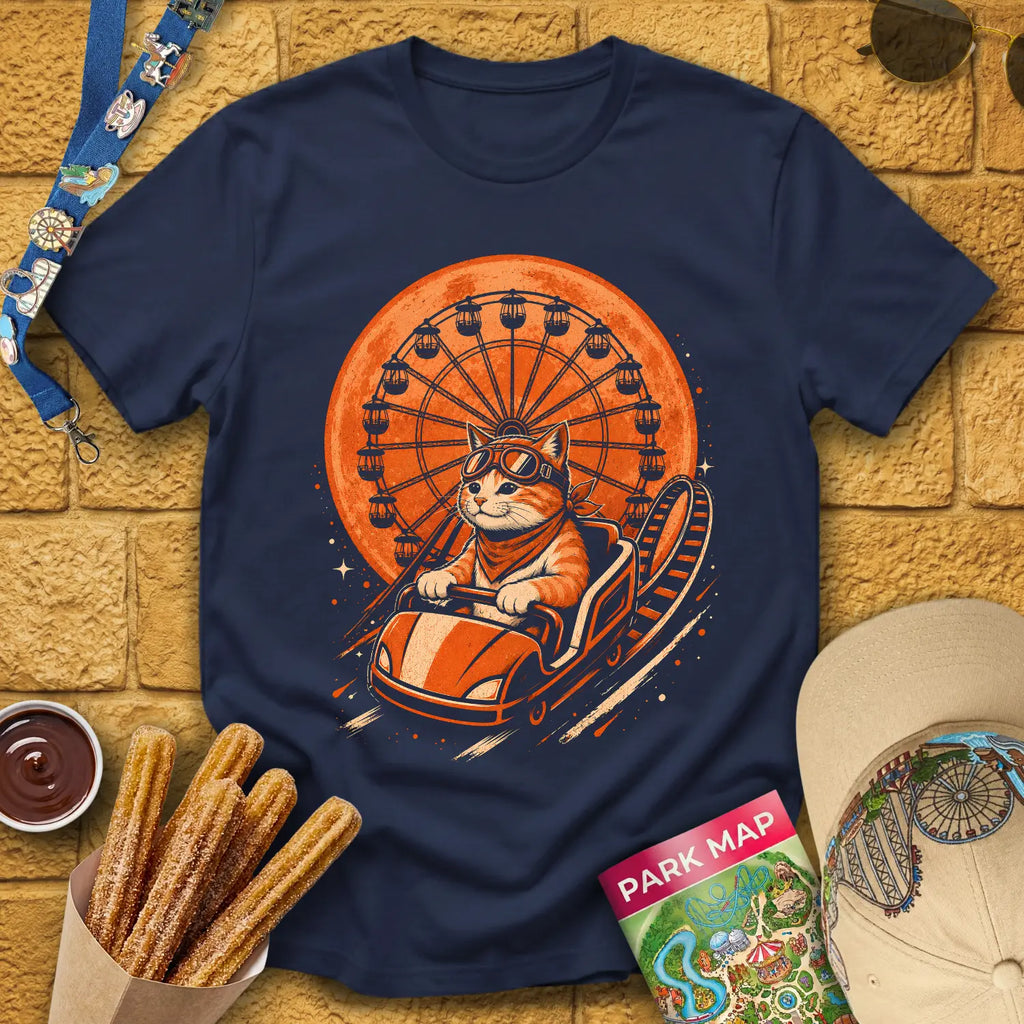 Cat Coaster [JapRetro] T-Shirt for Theme Park Fans (Navy)