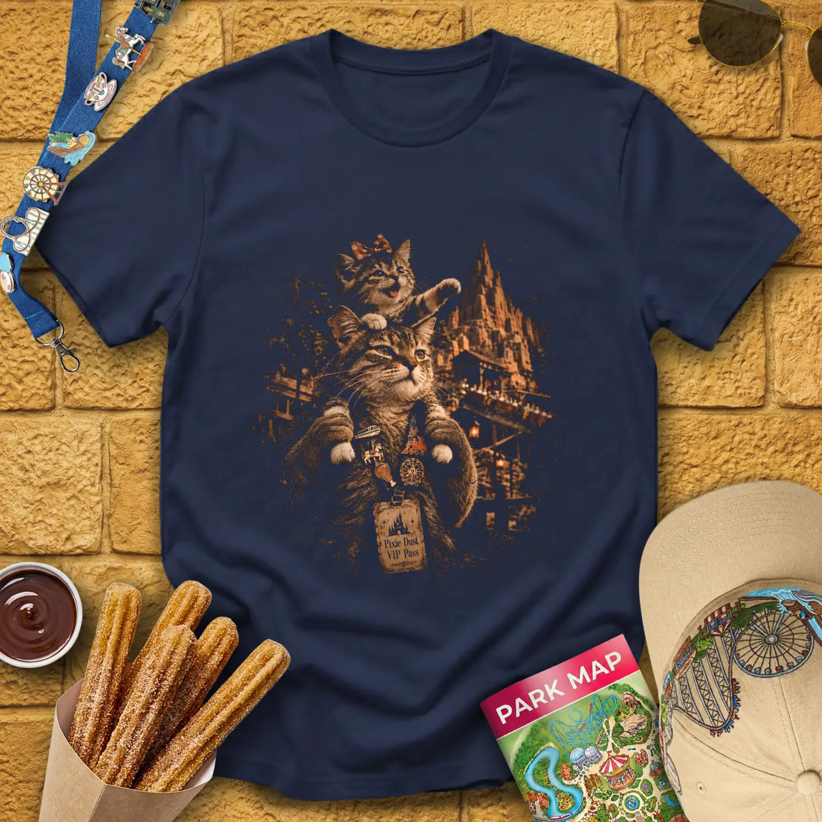 Cat Family [Cinematic] T-Shirt for Theme Park Fans (Navy)