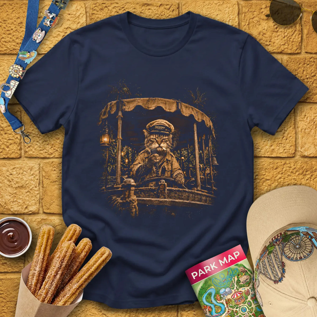 Cat Skipper [Cinematic] T-Shirt for Theme Park Fans (Navy)