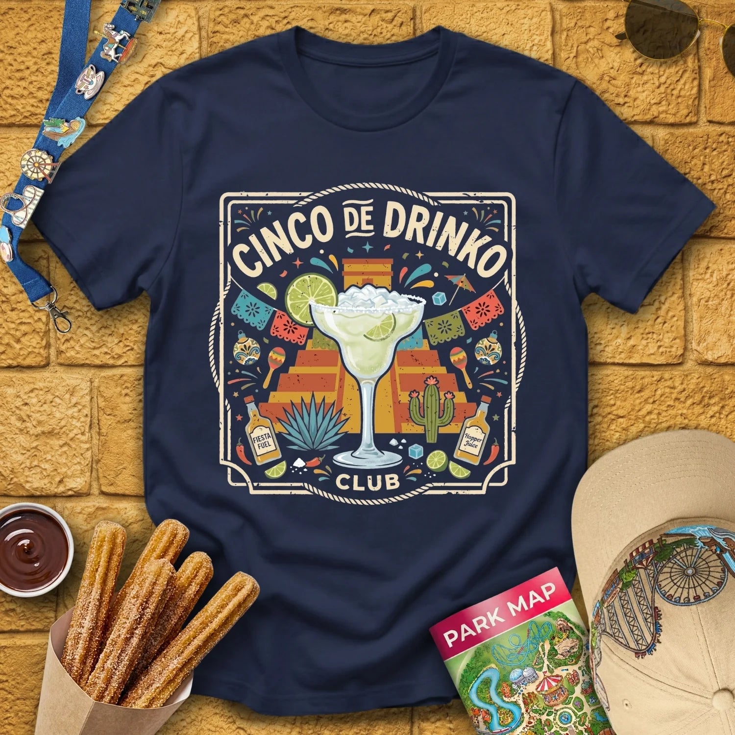 Cinco De Drinko [Square] T-Shirt for Theme Park Fans (Navy)