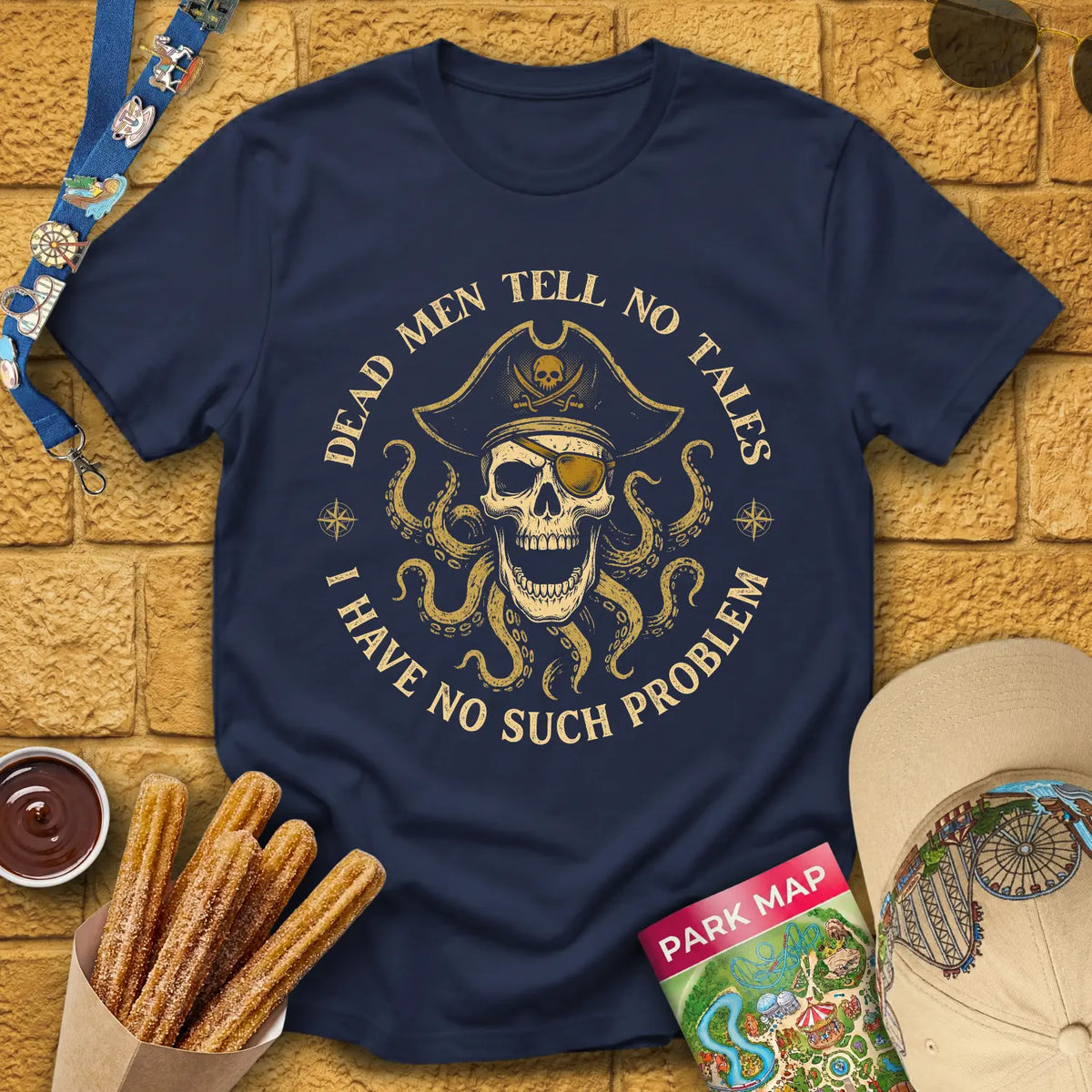 Dead Men Pirates [Circular] T-Shirt for Theme Park Fans (Navy)