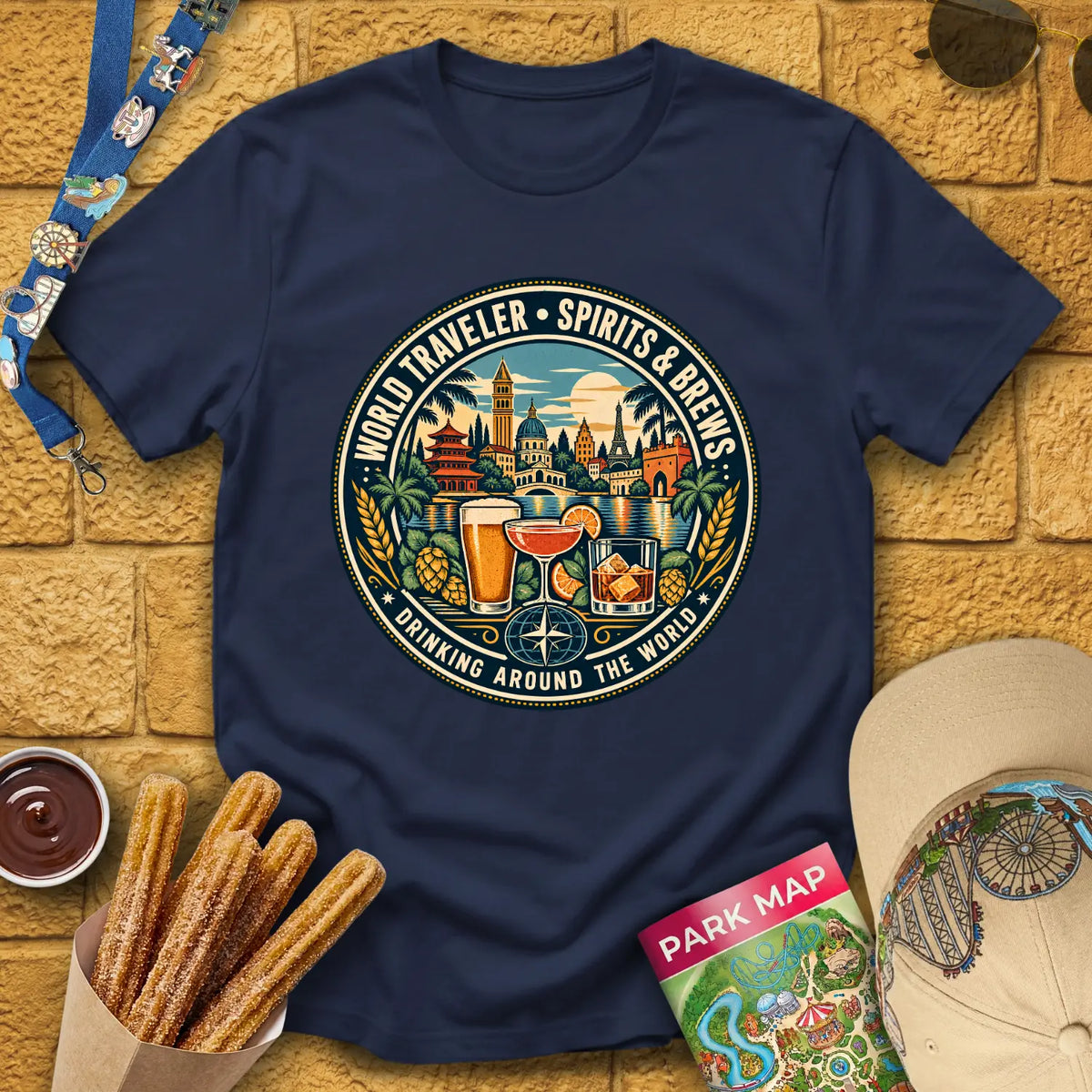 Drinking Around The World [Retro] T-Shirt for Theme Park Fans (Navy)