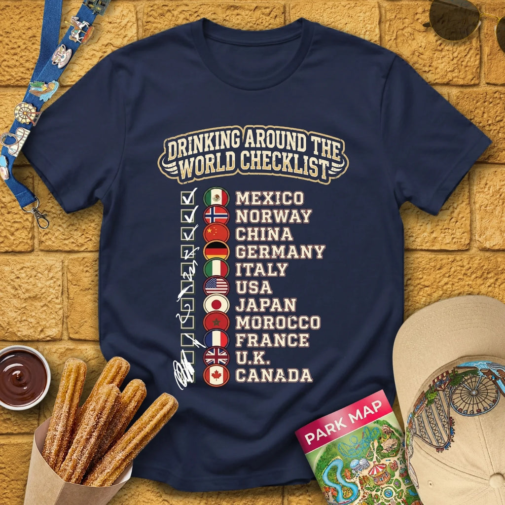 Drinking Checklist [College] T-Shirt for Theme Park Fans (Navy)